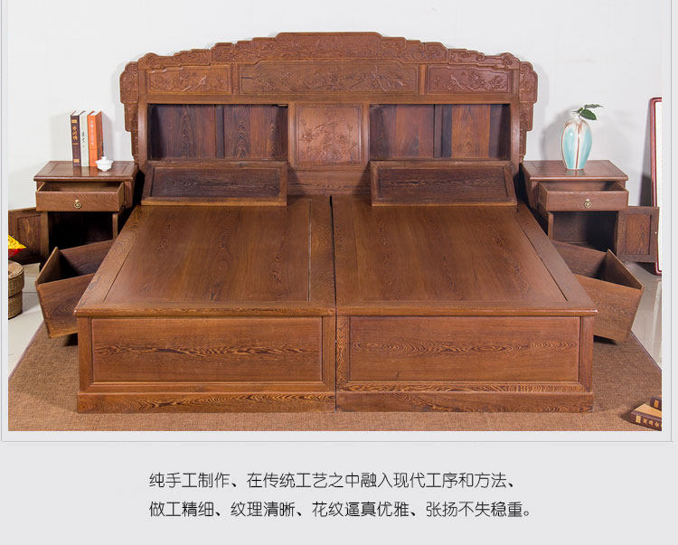 Красный кровати 红木家具高低床实木仿古床榻中式婚床鸡翅木花鸟大床双人床卧室储