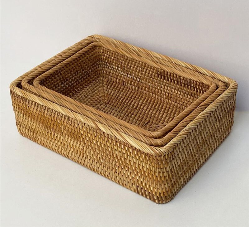 Vietnamese rattan storage basket handmade solid wood American high-grade woven basket tea table sundries desktop rectangular basket basket