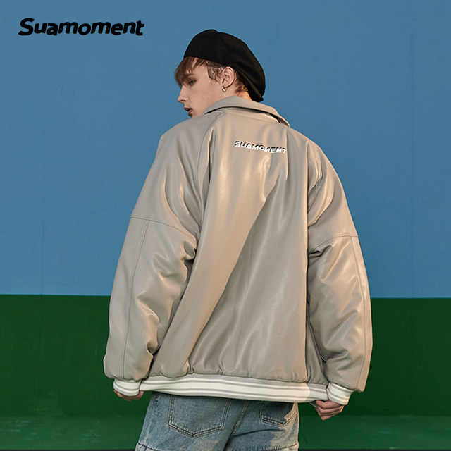 Suamoment letter deformation PU cotton coat plus velvet thickened cotton jacket men's trendy winter coat couple's cotton coat