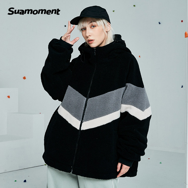 Suamoment scratched wave imitation lamb plush coat men's jacket winter thickened warm tops couple