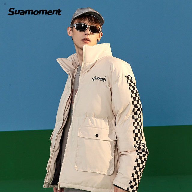 Suamoment scratch checkerboard patchwork cotton coat men's trendy brand couple style cotton coat jacket winter thickened cotton jacket