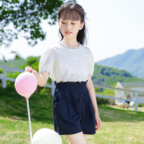 2021 summer new solid color girls foreign style simple childrens clothing puff sleeve fashion casual shorts short sleeve suit
