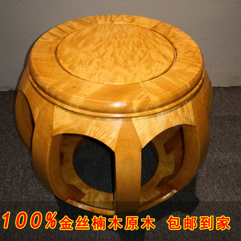 Red wood furniture full gold silk Nan wood round drum stool antique small stool solid wood short stool living-room sofa stool changing shoes round stool-Taobao