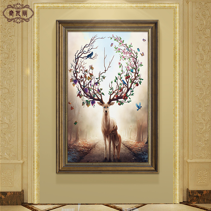 Genguan Decoration Painting Eurostyle Style Elk Deer Small Size Vertical Version Hallway Hung Painting Aisle Fresco American Living Room Oil Painting