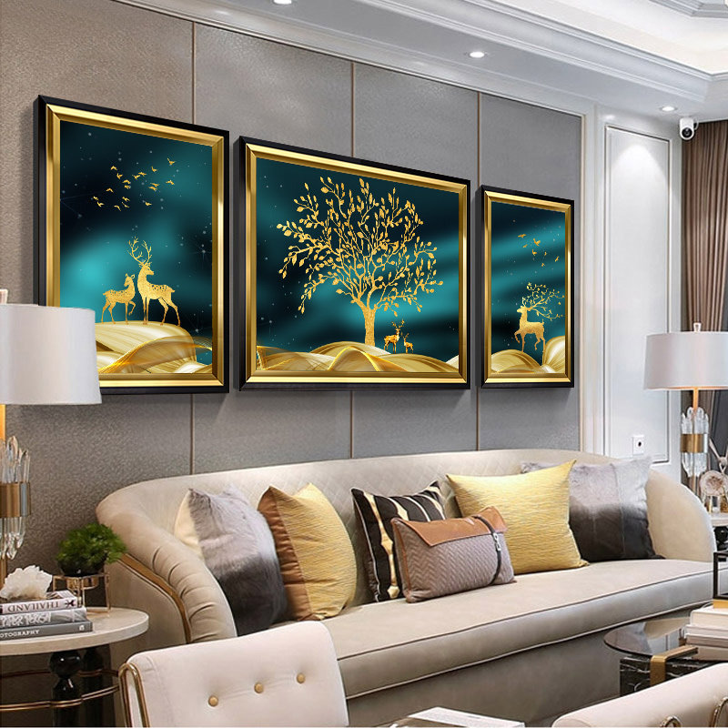 European style living room decorative painting sofa background wall painting modern minimalist triptych mural oil painting atmospheric light luxury hanging painting