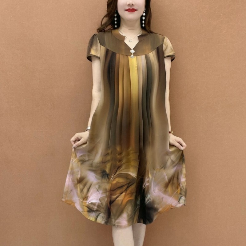 2024 Summer New Style Elegant and Fashionable Pleated Mother's Dress, Stylish Loose Slimming Double-Layer Mesh Mid-Length Skirt
