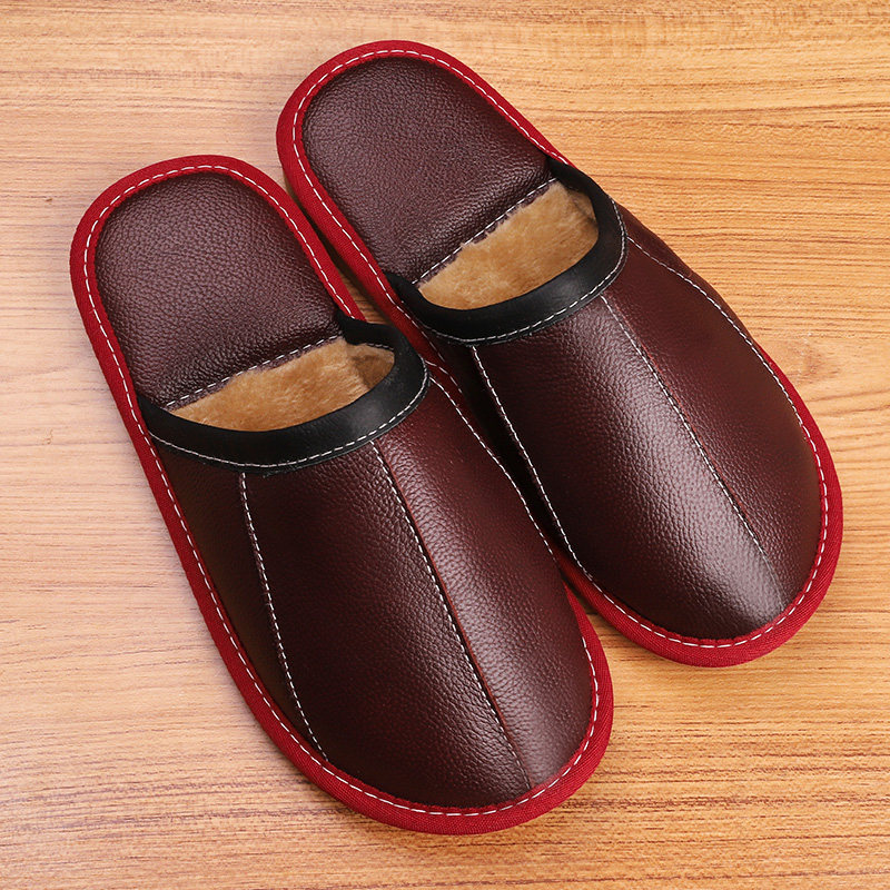 2019 new winter warm home genuine leather cotton slippers for men and women with non-slip thick bottom leather bottom plus fluff slippers