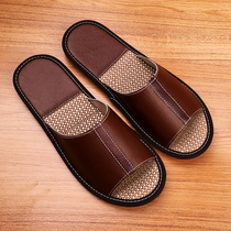 Haining Couple Indoor Wood Floor Leather Slippers Women Soft Bottom Non-slip Natural Linen Slippers Male Summer Slippers