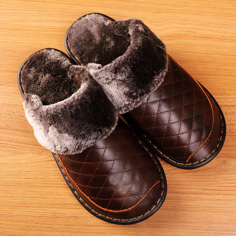 Winter genuine leather cotton slippers indoor non-slip thick bottom cow fascia lovers men and women home warm leather slippers