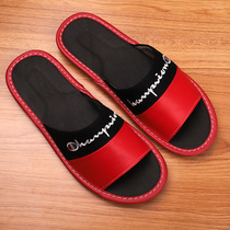 Summer leather home leather slippers Men and women couples indoor household sheepskin stitching cotton numb floor slippers