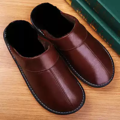 Haining cowhide cotton slippers female indoor home leather surface warm fluffy non-slip thick bottom winter couple home men