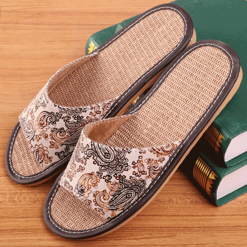 Female Summer Lovers Male Embroidered Leather Slippers Indoor Wood Flooring Non-slip Bull Fascia Bottom Home Household Linen Sandals