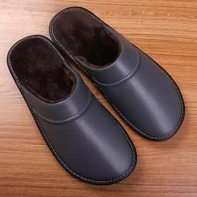 Winter home leather slippers female indoor room home non-slip thick bottom warm couple wooden floor cotton slippers men