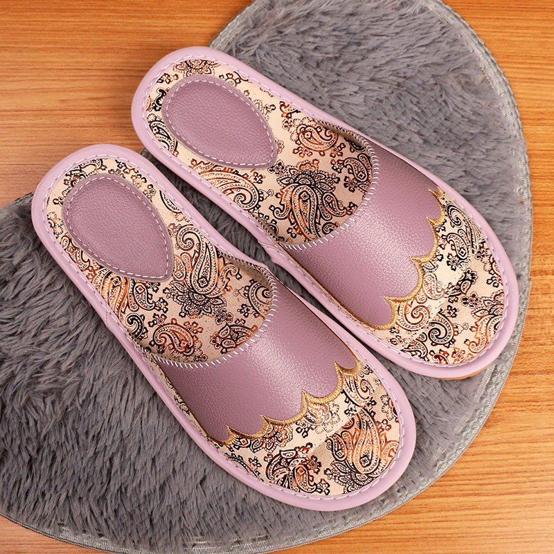Haining home indoor leather slippers printing men and women home summer non-slip soft bottom sandals shoes home couple tide