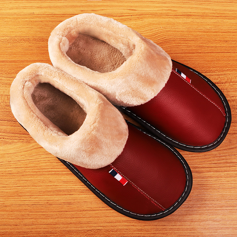 Leather slippers men's winter home indoor cotton slippers women's waterproof winter cowhide moon shoes thick bottom non-slip warm couple