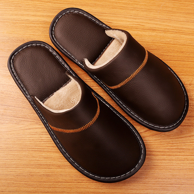 Autumn and winter household leather cotton slippers Men and women indoor non-slip thickened floor Home warm cowhide home slippers