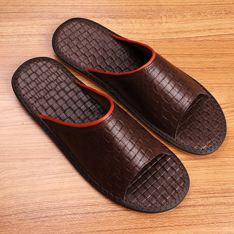 Cow Leather Weave Uppers Slippers Women Summer Home Indoor Thick Bottom Couple Men's Home Drag Leather Bottom Home Sandals Sandals Shoes