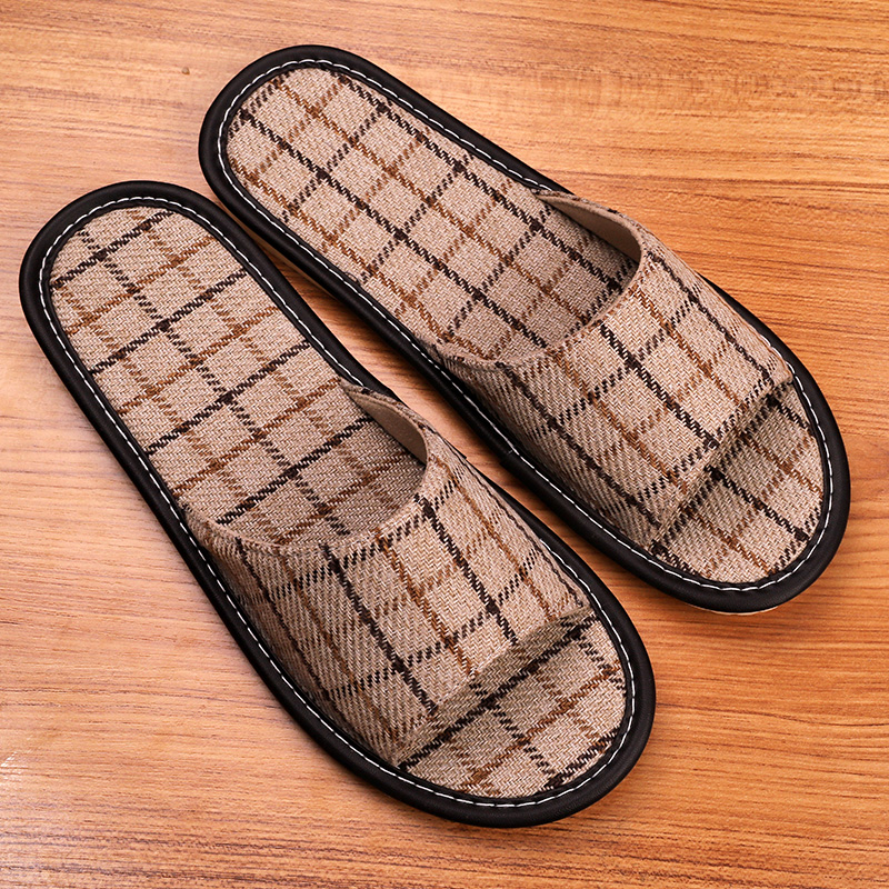 Summer plaid cotton linen slippers women's indoor home household non-slip soft bottom couple models linen fabric four seasons