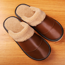 Home Leather Slippers Womens Home Autumn Winter Indoor Genuine Leather Non-slip Home For Lovers Thick Bottom Warm Cotton Slippers
