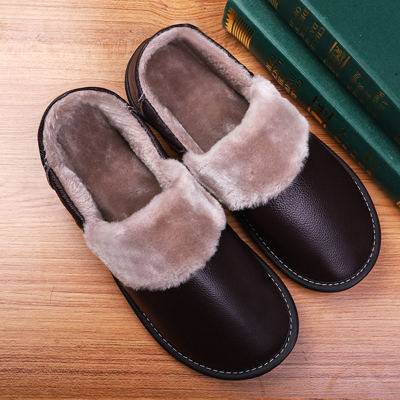 Heining Bull Leather Winter Genuine Leather male and female bag heel cotton slipper home thick bottom lovers warm floor thickened wool slippers