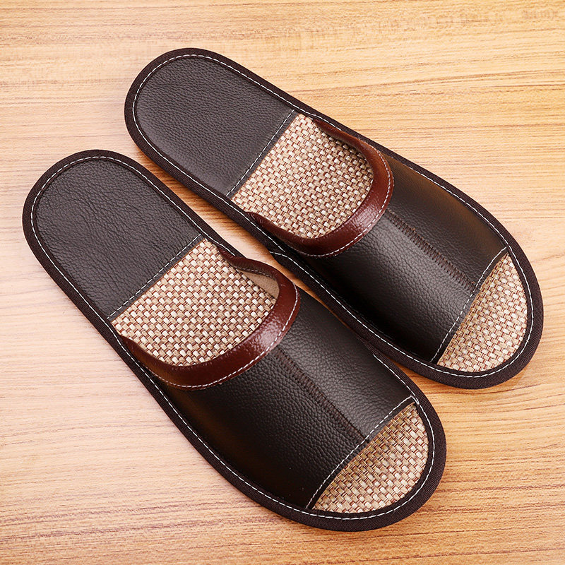 Haining Indoor Linen Cow Leather Bottom Non-slip Wear and wear slippers Soft bottom couple's home breathable sweaty feet cool drag Men's home