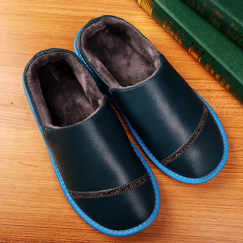 Home Cotton Slippers Men's Winter Room Inner and Warm Home Lovers Genuine Leather Plush Winter Bull Leather Slippers women