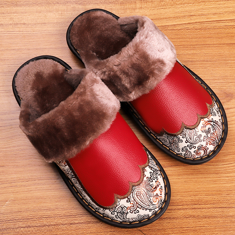 Genuine leather warm cotton slippers female winter home lovers non-slip thick bottom indoor floor embroidered fur slippers male