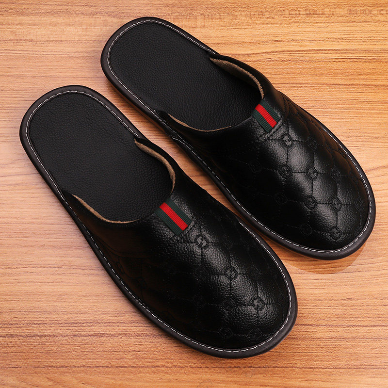 Spring and Autumn Fashion Embroidered Leather Slippers Women's Indoor Floor Full Leather Soft Bottom Household Drag Non-Slip Leather Slippers Men