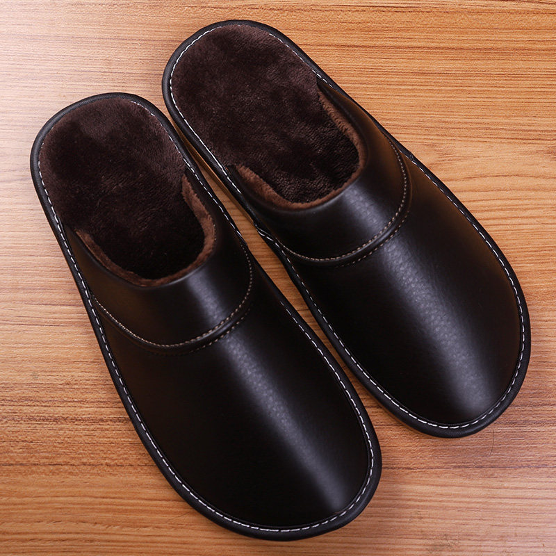 Winter Home Leather Slippers Women Indoor room Home Non-slip Thickened Bottom Warm Lovers Wood Floor Cotton Slippers