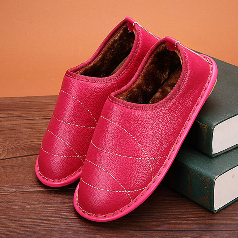 Winter genuine leather cotton slippers women's bag heel cotton shoes men's thick bottom plus suede indoor couple Mao woolen shoes stay-at-home suede shoes