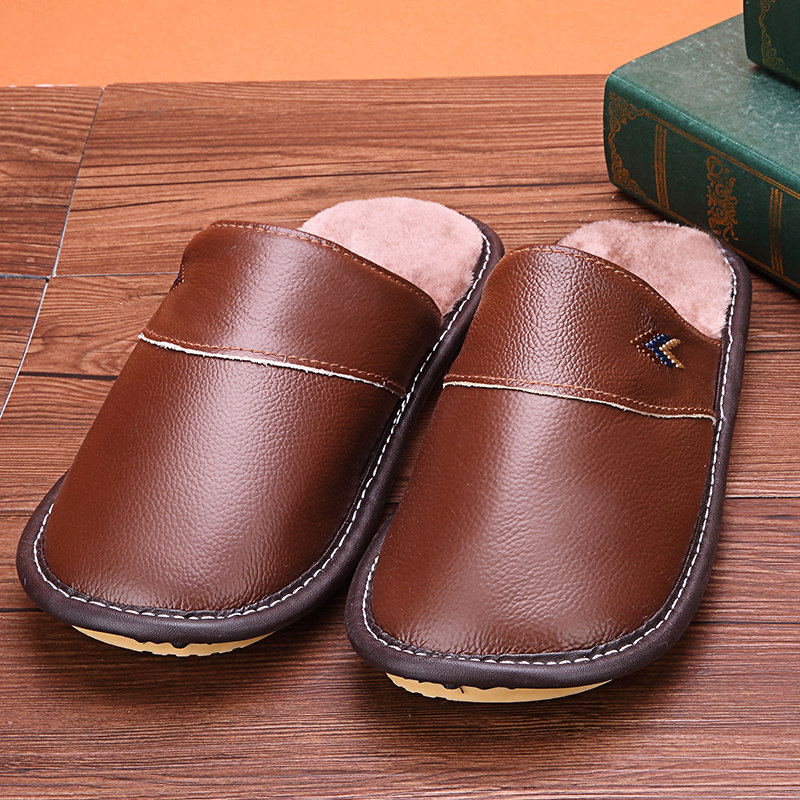 Haining home cowhide leather slippers thickened bottom non-slip indoor bag hair drag soft bottom cute home cotton slippers