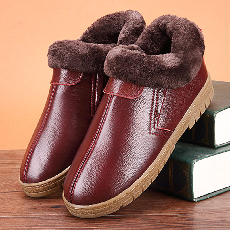 Haining leather cotton slippers with heel winter men and women non-slip warm home leather thick bottom elderly slippers