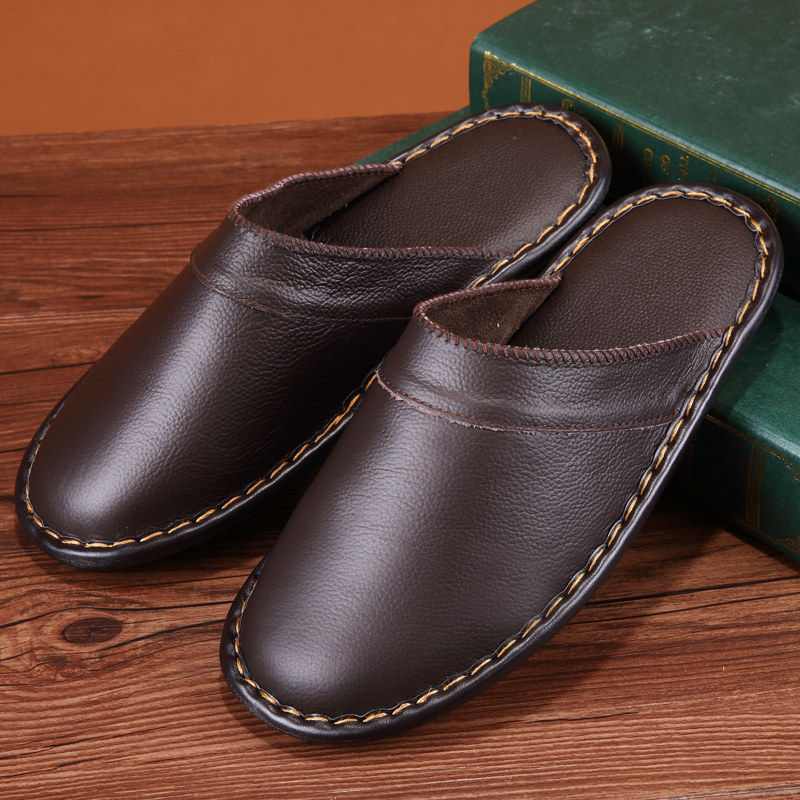 Haining new home cowhide slippers Spring and autumn men's and women's home thick bottom non-slip cattle tendon bottom leather cotton slippers special price