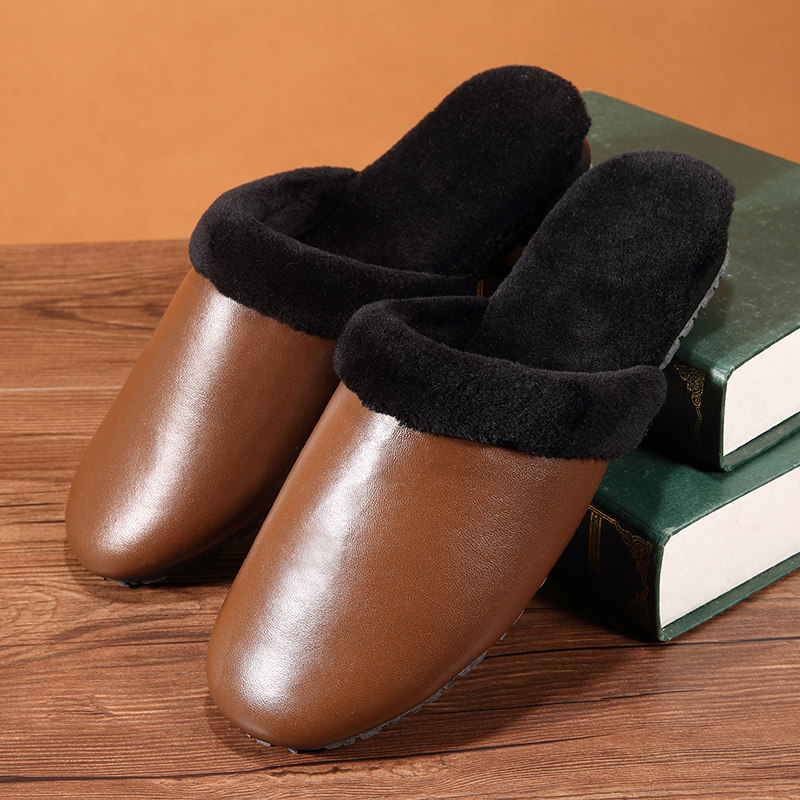 Haining high-end genuine leather slippers warm sheepskin real wool home indoor thickening warm beef tendon bottom leather slippers