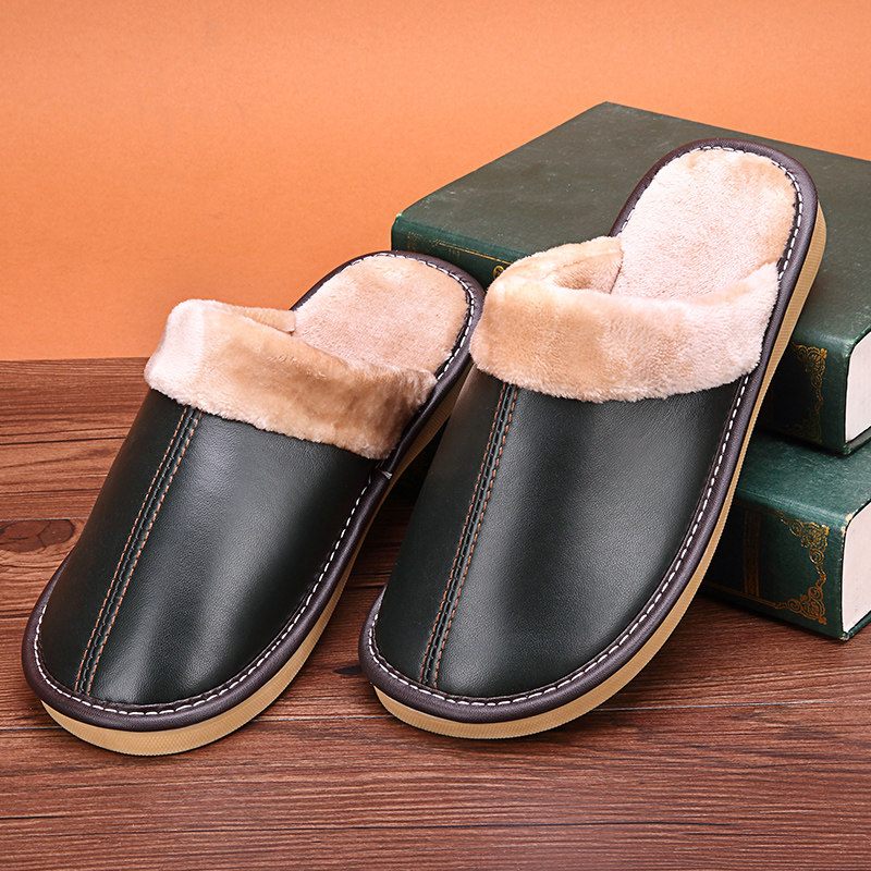 Genuine leather slippers men's cotton slippers female winter home cotton sheepskin indoor couple non-slip warm wood floor fur home