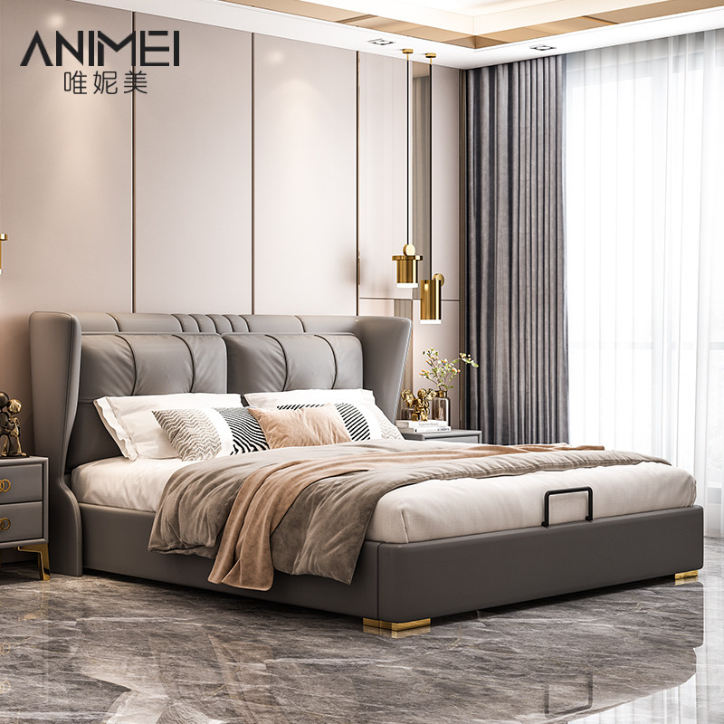 Light luxury in red double bedroom Nordic storage bed large household solid wood modern custom-made real leather bed