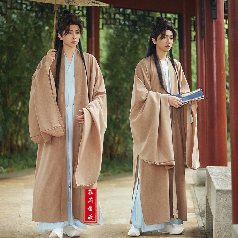 Hanfu Men's Original Straight Robe with Front Placket, Ancient Costume for Men, Fairy-Like Ming Dynasty Style, Chivalrous Style, Complete Set with Large Sleeves