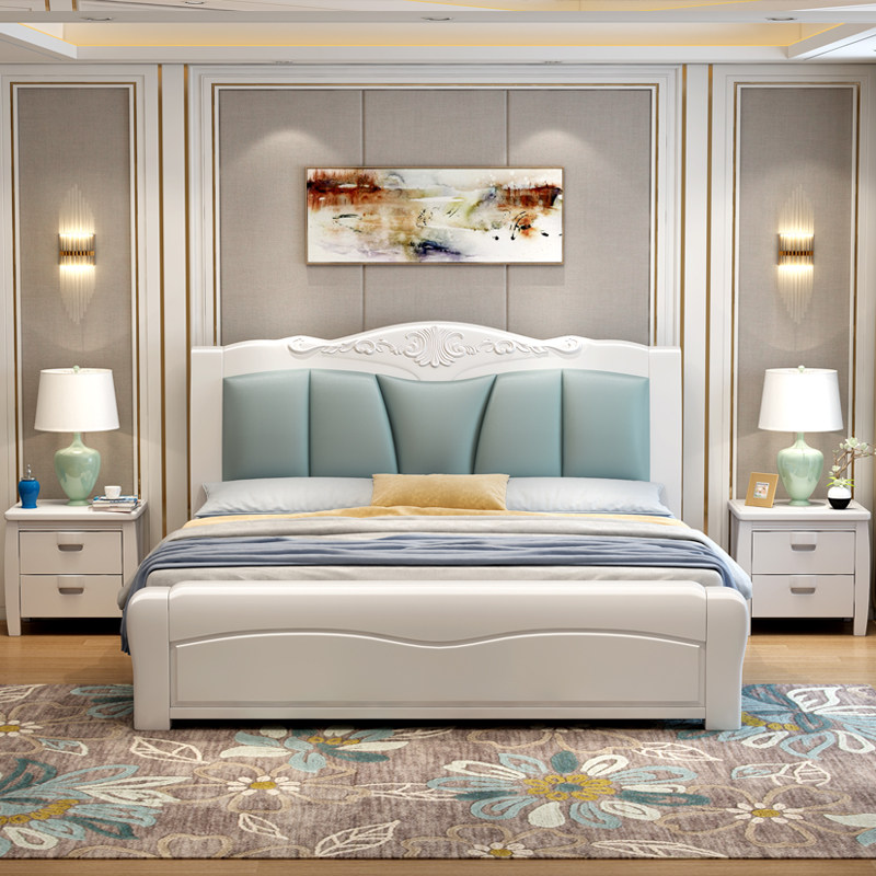 Eurostyle solid wood bed modern minimalist white leather close to soft bag 1 8m double bed light lavish storage princess wedding bed master bedroom-Taobao