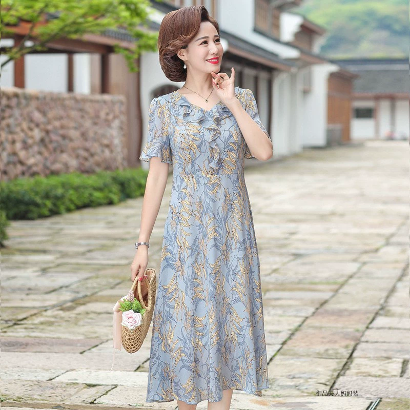 Mẹ trung niên váy voan mùa hè phong cách phương Tây 40-50 tuổi trung niên và phụ nữ cao tuổi váy hoa mùa hè tính khí - váy đầm