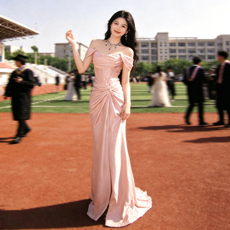 Pink One-Shoulder Evening Dress for Women 2026 New Style Student Day Coming-Of-Age Ceremony High-End Engagement Host Princess Dress Pink One-Shoulder Evening Dress for Women 2026 New Style Student Day Coming-Of-Age Ceremony High-End Engagement Host Princess Dress