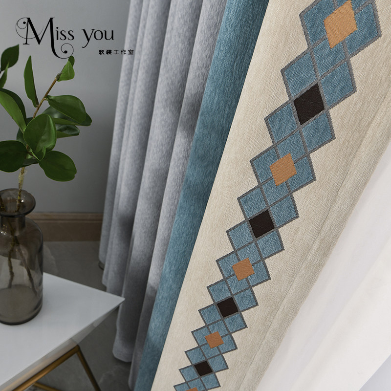 Light luxury seamless stitching chenille curtain modern simple bedroom living room floating window color matching shading 2021 new