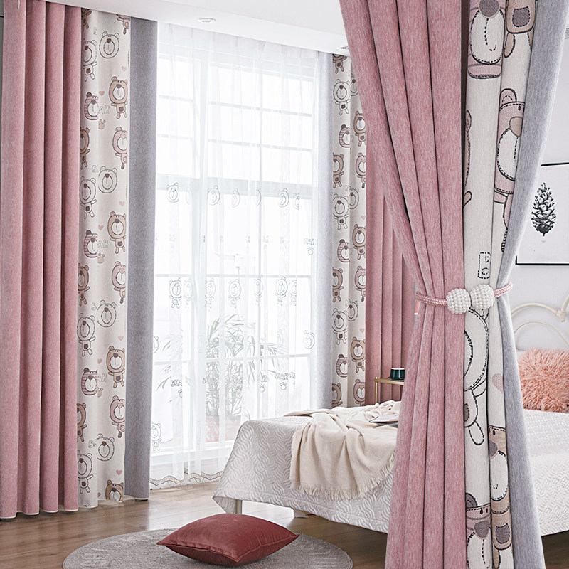 Cute cartoon children's room boy girl pink seamless stitching curtains 2021 new shading bedroom bay window
