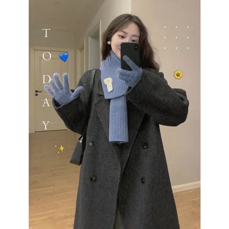 Black and Gray High-End Hepburn-Style Double-Sided Wool Coat for Women, Mid-Length, Loose-Fitting, Classic and Fashionable Woolen Overcoat Black and Gray High-End Hepburn-Style Double-Sided Wool Coat for Women, Mid-Length, Loose-Fitting, Classic and Fashionable Woolen Overcoat