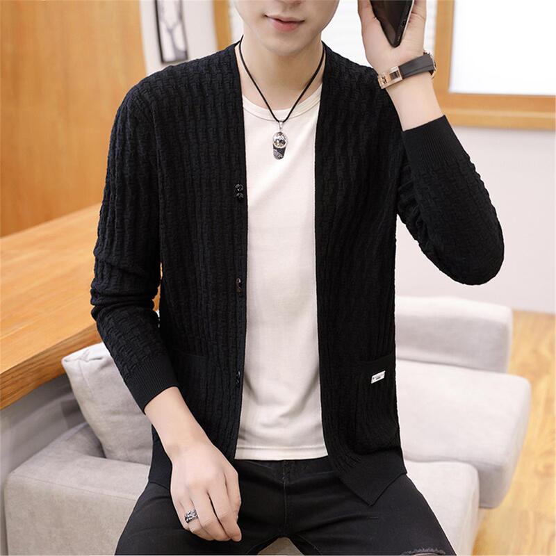 Autumn Knitted Cardigan for Men, Black Casual Thin Jacket, Trendy Korean Style, Chunky Knit 2026 New Sweater Autumn Knitted Cardigan for Men, Black Casual Thin Jacket, Trendy Korean Style, Chunky Knit 2026 New Sweater