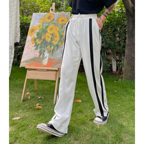 pop mens summer sports leisure trousers mens black and white knitted strips stitching loose Joker elastic black and white pants