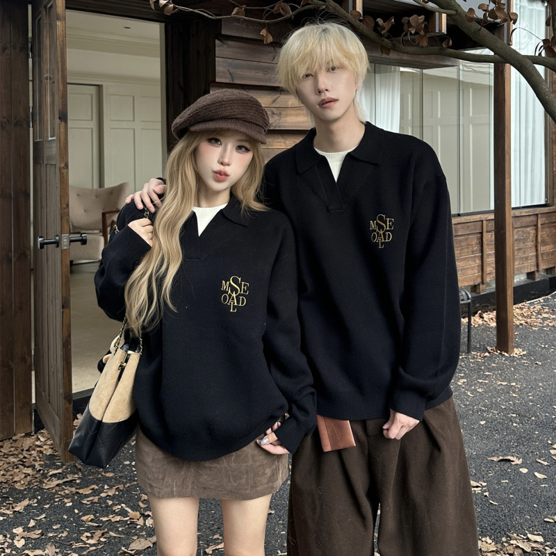Couple's Clothing for Autumn and Winter ins American Retro Fake Two-Piece Polo Collar Sweater with a Relaxed and Lazy Style Knit Cardigan