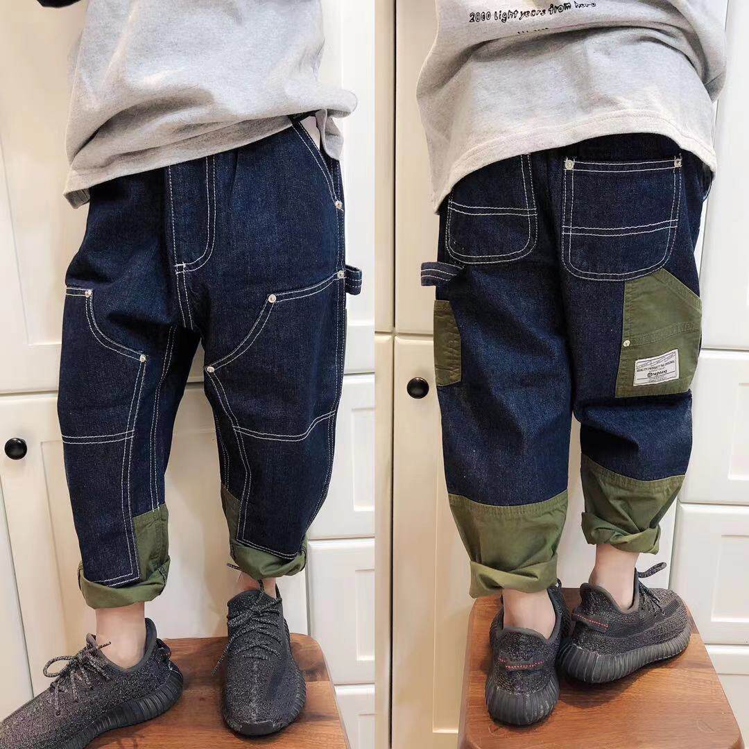 Korean children's clothing Children's spring and autumn military green retro stitching jeans Boys baby elastic waist trousers