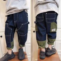 South Korean childrens clothing childrens spring and autumn style military green retro splicing jeans boy baby tightness waist length pants