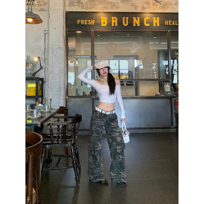 Yaliii Original Camouflage! 100% Cotton Petite Washed Vintage Camouflage Three-Dimensional Pocket Low-Waist Cargo Pants for Women