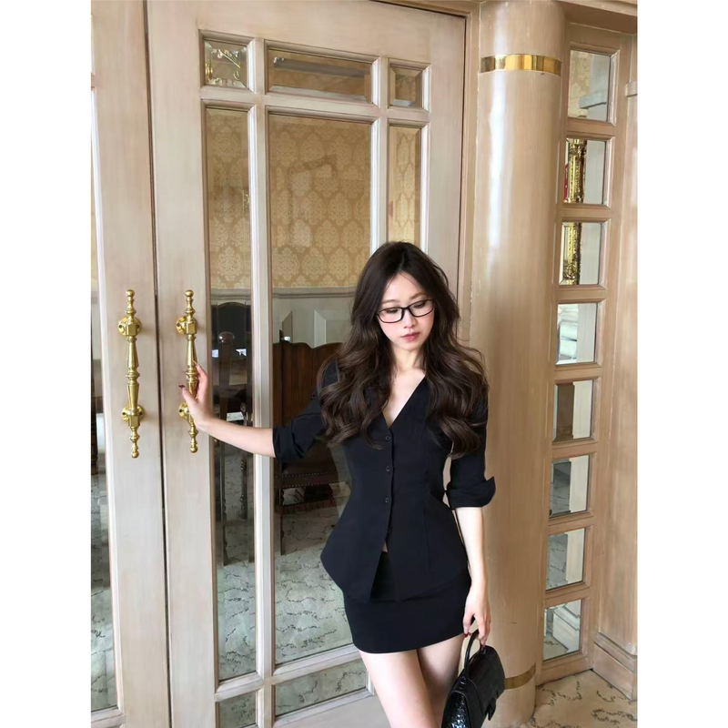 Yaliii Sisterly Style Hot Girl Waist-Cinching Siren Style Mid-Sleeve V-Neck Shirt Sexy Slimming Bodycon Skirt Set